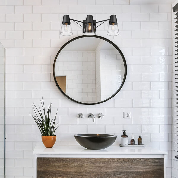 Ryker Matte Black Three-Light Bath Vanity with Clear Glass Shade, image 2